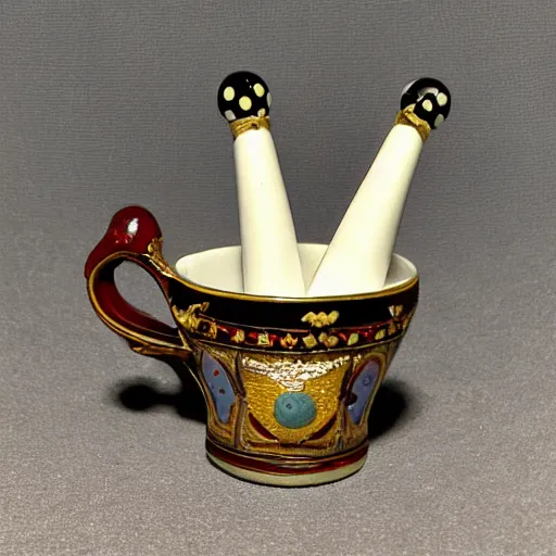 Image similar to baroque teacup filled with tiny little bowling pins