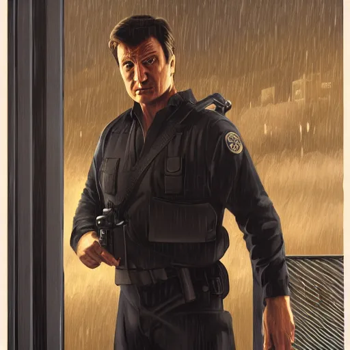 Image similar to Nathan Fillion as James Bond in Goldeneye 007 in an air vent above bathroom cubicle, D&D, cinematic, fantasy, intricate, elegant, highly detailed, digital painting, artstation, concept art, smooth, sharp focus, illustration, art by artgerm and greg rutkowski and alphonse much