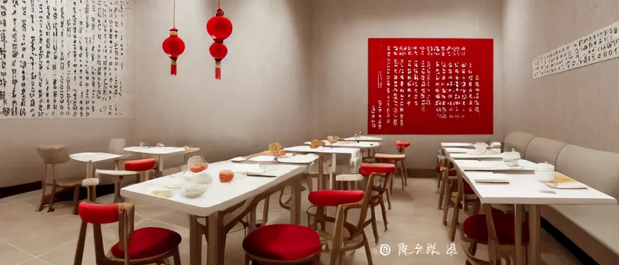 Prompt: a beautiful simple interior render of small roasted string hotpot restaurant restaurant yan'an, wall corner, from china, red paper wall and white tile floor, rectangle white porcelain table, fine simple delicate structure, chinese style, simple composition, simple style structure decoration design, victo ngai, 4 k hd