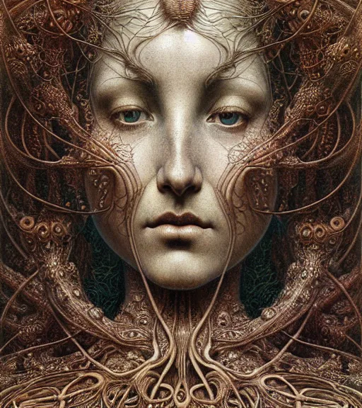 Prompt: detailed realistic beautiful patina goddess face portrait by jean delville, gustave dore, iris van herpen and marco mazzoni, art forms of nature by ernst haeckel, art nouveau, symbolist, visionary, gothic, neo - gothic, pre - raphaelite, fractal lace, intricate alien botanicals, biodiversity, surreality, hyperdetailed ultrasharp octane render