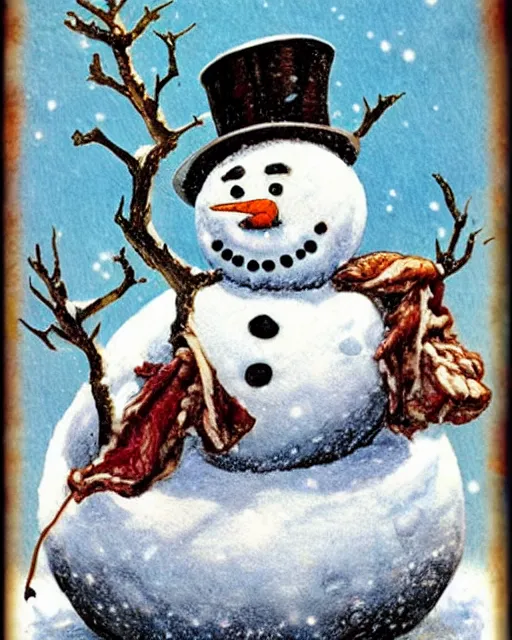 Image similar to snowman made of meat, art by beksinksy, bernie wrightson