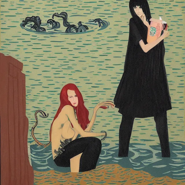 Image similar to tall female emo artist holding an octopus in a flooded starbucks, bagels, pigs, water gushing from ceiling, painting of flood waters inside a cafe, a river flooding indoors, pomegranates, pigs, ikebana, water, octopus, river, rapids, waterfall, black swans, zen, canoe, berries, acrylic on canvas, surrealist, by magritte and monet