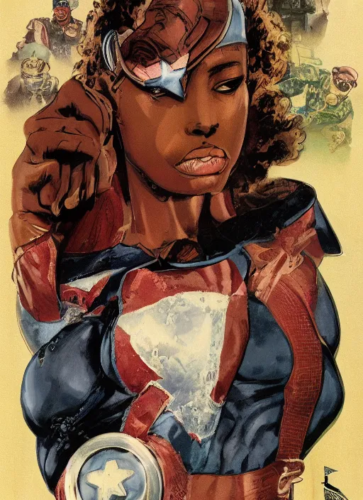 Image similar to beautiful black female captain america. afro - feminist captain america wins wwii. american wwii propaganda poster by james gurney, rob liefeld and pixar. gorgeous face. overwatch, realistic. black power