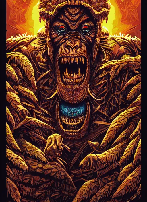 Image similar to barong family member, wiwek, mara demon, lizard tongue, one single tribe member, jungle, one single mask, dark, ancient warrior, gorilla, tribals, art by dan mumford and justin gerard