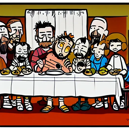 Prompt: the last supper in the style of calvin and hobbes