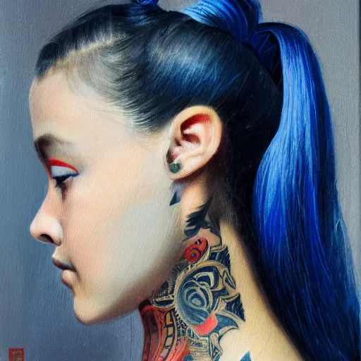 Prompt: a 19 years old girl figure in style of Wojciech Siudmak, half ponytail hairstyle, oriental tattoos, with few ultramarine accents, 80 mm lens, oil on canvas