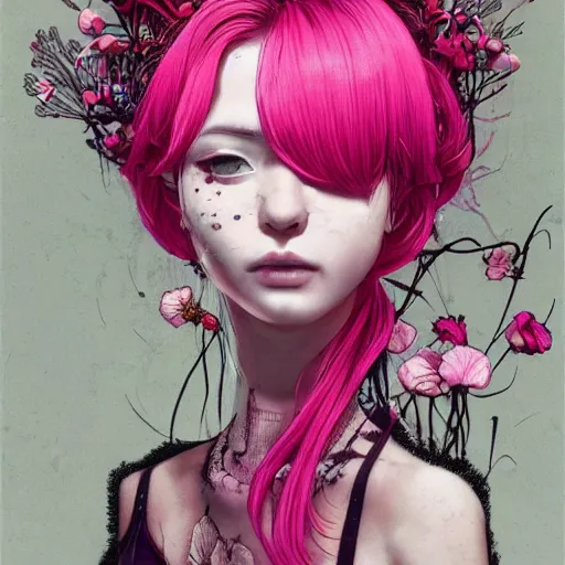 Prompt: a portrait of a woman with pink hair surrounded by flowers, cyberpunk art by otomo katsuhiro and mark ryden, cgsociety, computer art, circuitry, dystopian art, academic art insanely quality, highly detailed, masterpiece, red light, artstation, 4 k