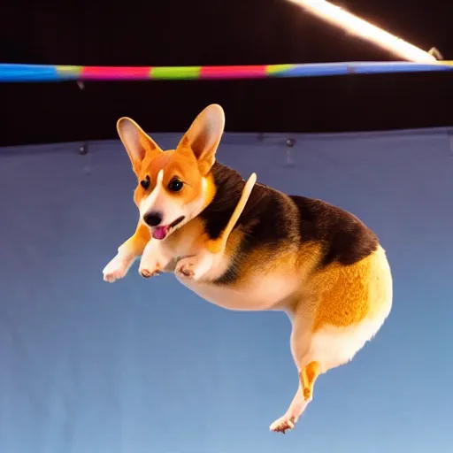 Prompt: pembroke welsh corgi circus performer, flying trapeze