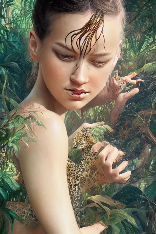 Image similar to stunningly beautiful, giesha prima ballerina in jungle, symmetrical face, golden hour, smooth, focus, highly detailed, hyper realistic, dramatic lighting, elegant, intricate, concept art, art by wlop, mars ravelo, greg rutowski, artstation