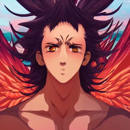 Image similar to Portrait of the Icarus the Fiery Wings, Anime Fantasy Illustration by Tomoyuki Yamasaki, Kyoto Studio, Madhouse, Ufotable, trending on artstation