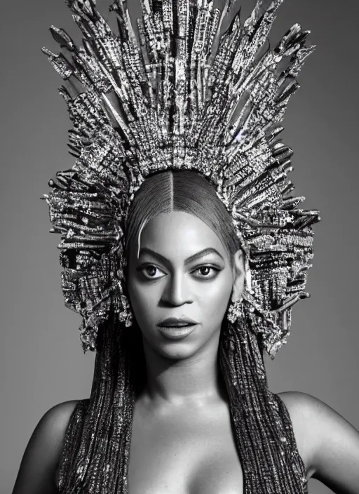 Image similar to photo of beyonce styled by nick knight posing, intricate headpiece, showstudio, face close up, canon, vogue magazine, 2 0 2 0, canon, highly realistic. high resolution. highly detailed. dramatic. 8 k. 4 k.