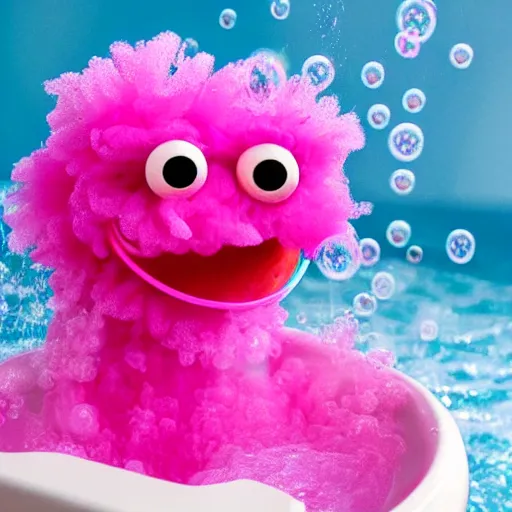 Image similar to hot pink feather boa muppet in bubble bath wit bubbles floating in the air