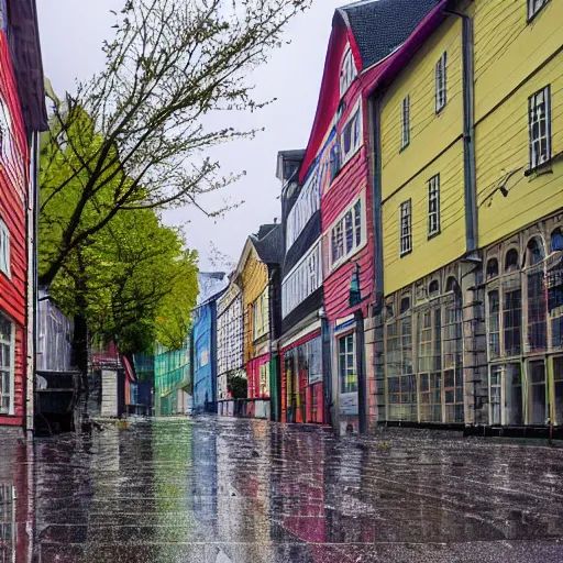 Image similar to picture of a street in bergen, norway, raining, spring