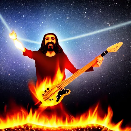 Image similar to bokeh photo of jesus rocking out with electric guitar surrounded by fire, with meteor shower in the background