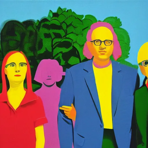 Image similar to A typical suburban family, who are hiding deep and dark secrets, Pop Art painting by David Hockney