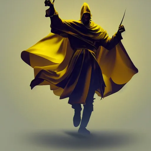 Image similar to award - winning. trending on artstation. 4 k. expressive. a figure wearing layered yellow robes while a black hole floats in space behind them. dark background. in the style of victor antonov