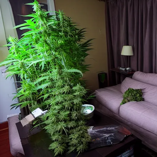 Prompt: a forest of cannabis is inside the living room