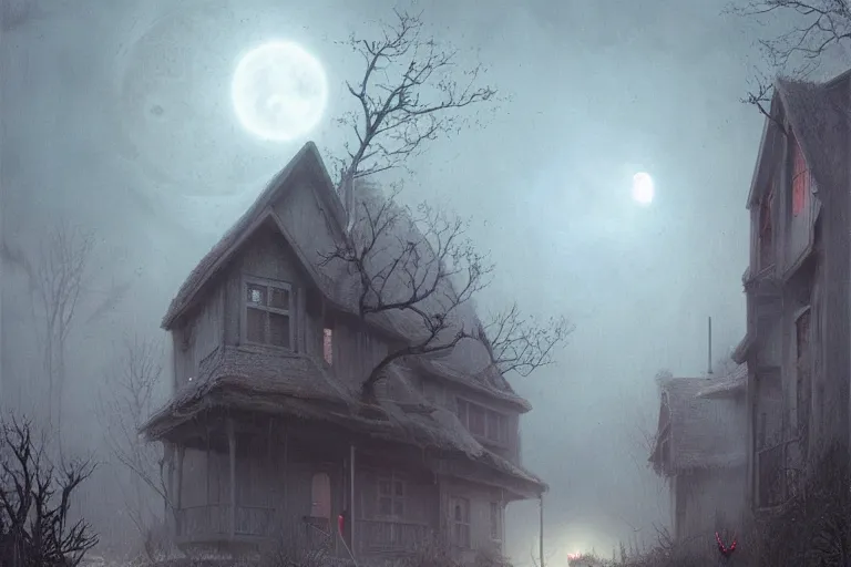 Image similar to suburban neighborhood, a strange doglike creature, huge with glowing red eyes lurking by a house, a moonlit night, greg rutkowski zdzisław beksinski, detailed matte painting, cinematic, photorealistic, masterpiece