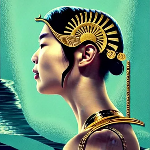 Prompt: portrait and side profile of a chinese woman :: side profile :: in ocean :: clockwork details :: gold :: blood and horror :: by vikings and Sandra Chevrier