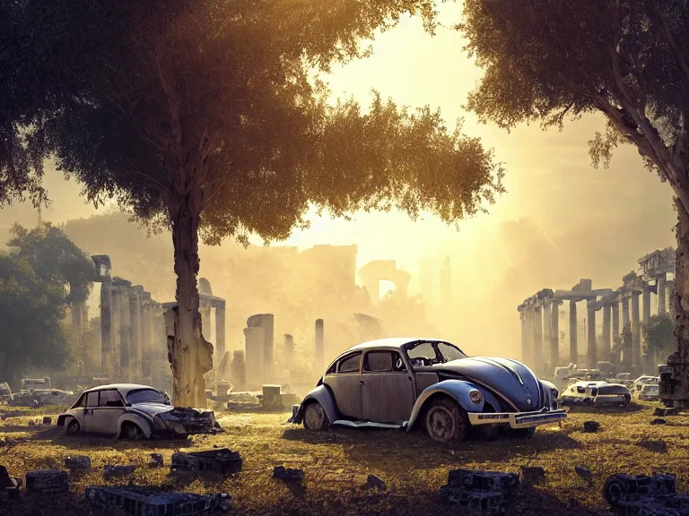 Prompt: a tree growing on a scrap vw beetle in ancient greek ruins, gray wasteland, many scrap cars, overgrown, pillars and arches, vines, hyperrealistic, highly detailed, cinematic, ray of golden sunlight, beautiful, cgsociety, artstation, 8 k, oil painting by greg rutkowski, by artgerm, by wlop