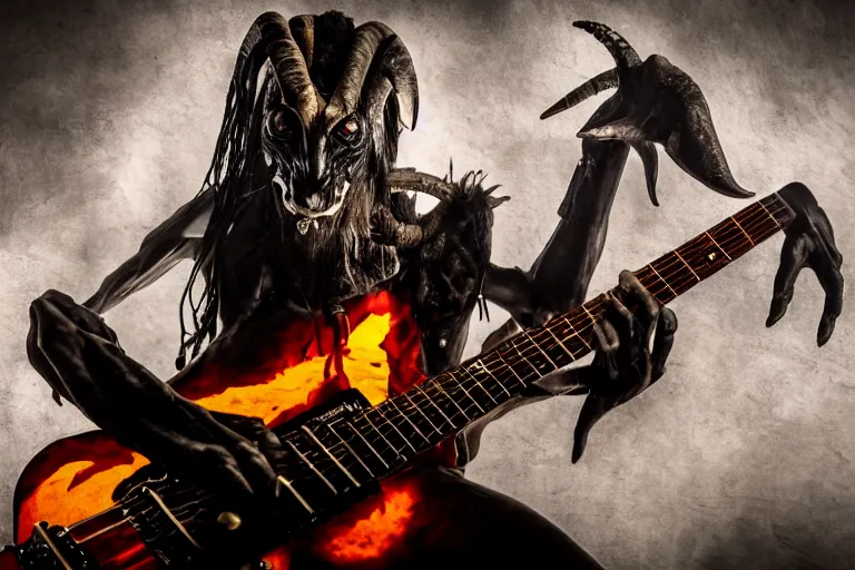 Prompt: a cinematic photo of humanoid goat demon as a metal guitarist, 4 k