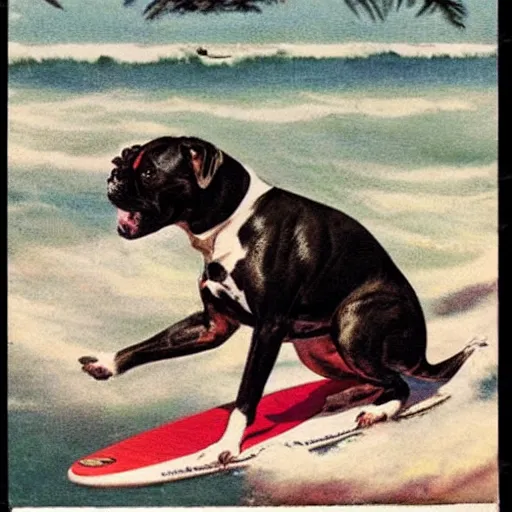Image similar to staffordshire terrier boxer mix, riding a surfboard, as a vintage hawaiian postcard