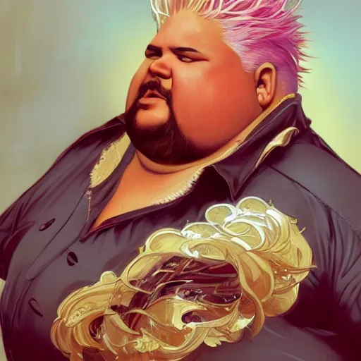 Image similar to Obese Guy Fieri, fantasy, intricate, elegant, highly detailed, digital painting, artstation, concept art, matte, sharp focus, illustration, art by Artgerm and Greg Rutkowski and Alphonse Mucha