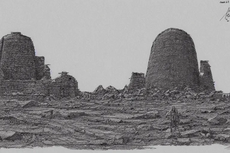 Image similar to ancient martian ruin concept sketch by joe johnston and nilo rodis - jamero and ralph mcquarrie and norman reynolds