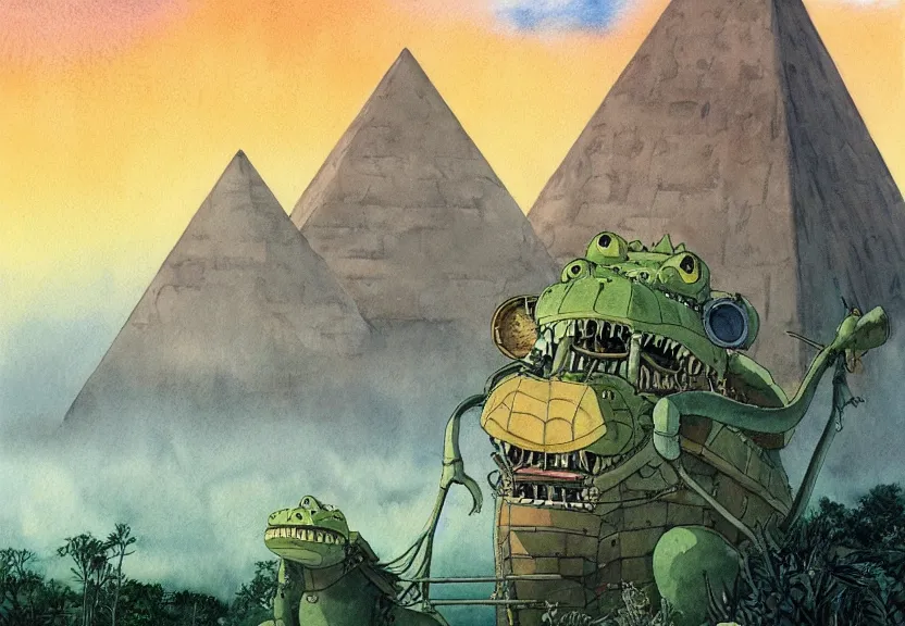 Prompt: a hyperrealist watercolor concept art from a studio ghibli film showing a giant beige mechanized crocodile from howl's moving castle ( 2 0 0 4 ). a pyramid is under construction in the background, in the rainforest on a misty and starry night. by studio ghibli