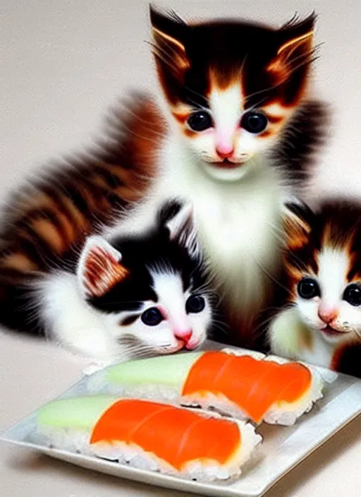 Prompt: clear photorealistic picture of adorable kittens made out of sushi