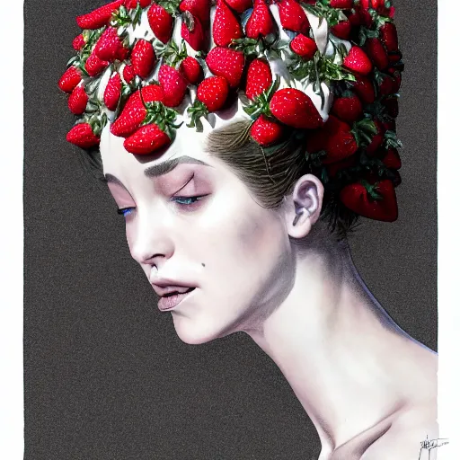 Image similar to the portrait of an absurdly beautiful, graceful, elegant, sophisticated, fashionable young woman made of strawberries and white petals looking down, an ultrafine hyperdetailed illustration by kim jung gi, irakli nadar, intricate linework, bright colors, octopath traveler, final fantasy, unreal engine 5 highly rendered, global illumination, radiant light, detailed and intricate environment