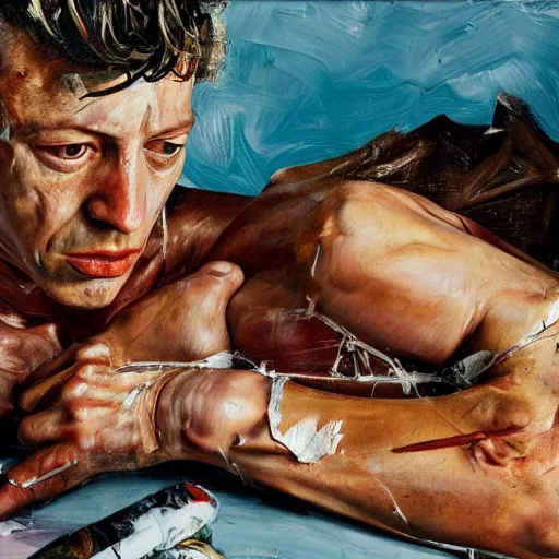 Image similar to high quality high detail painting by lucian freud and jenny saville, hd, fightclub, turquoise