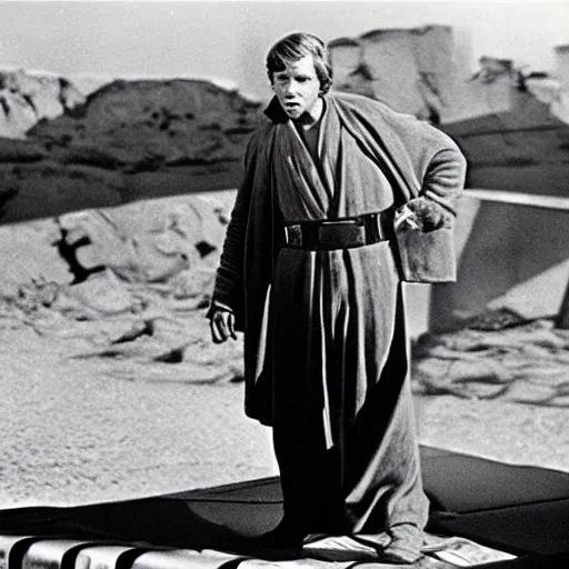 Prompt: still from old 40\'s movie Star Wars (1942) actor playing Luke Skywalker