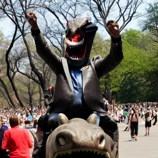 Image similar to steve harvey riding a dinosaur in central park