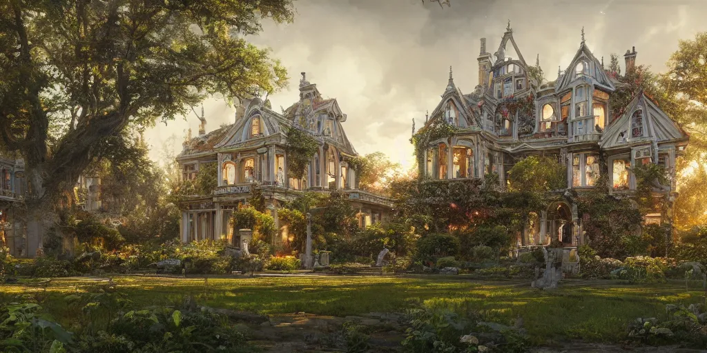 Image similar to a finely detailed photograph of a late Victorian house surrounded by beautiful gardens, view from ground level, elegant, ornate, daytime, beautifully lit scene, ray traced, octane render by Peter Mohrbacher and Peter Gric