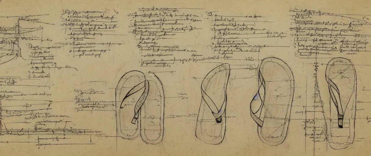 Image similar to detailed blueprint sketches of flip flops, labelled, notes, diagram, by leonardo davinci, on yellow paper, worn, pencil, sketch