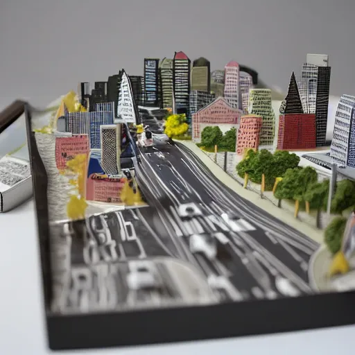 Prompt: paper craft diorama of a city with people and cars