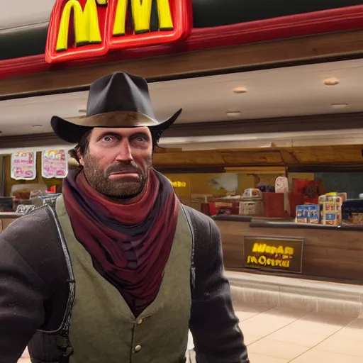 Prompt: arthur morgan as a cashier at mcdonalds