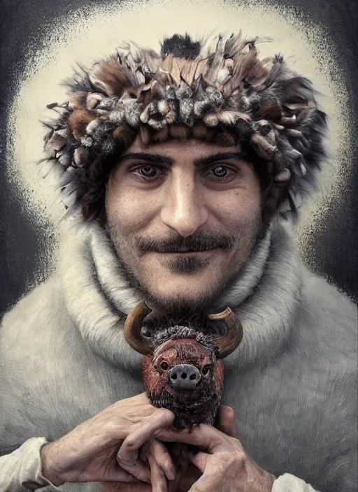 Image similar to a hyper detailed painting of an anthropomorphic joaquin phoenix as the king of animals, cow horns, pig nose, sheep wool, chicken feathers, horror, by anna podedworna, by miklos ligeti, by diego maricato, by taran fiddler, by antonino truisi, by chris reddie, on artstation