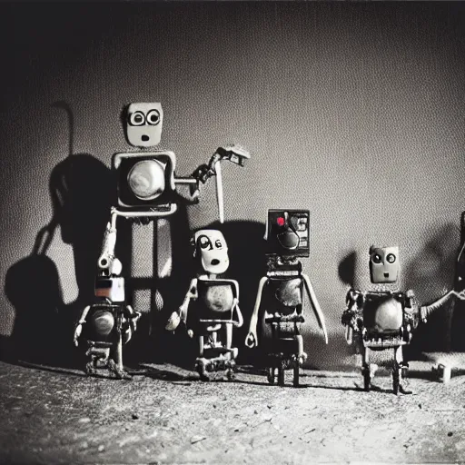 Image similar to the most creepy family photo of robots, 35mm lens, post apocalyptic, sadness, depression, screaming, crying, a dumping ground