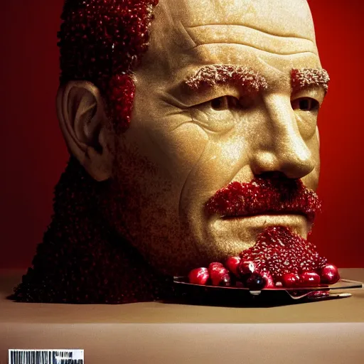 Prompt: a mountain of cranberries in the shape of bryan cranston's face, cranberry statue, submerged in cranberries, natural light, sharp, detailed face, magazine, press, photo, steve mccurry, david lazar, canon, nikon, focus