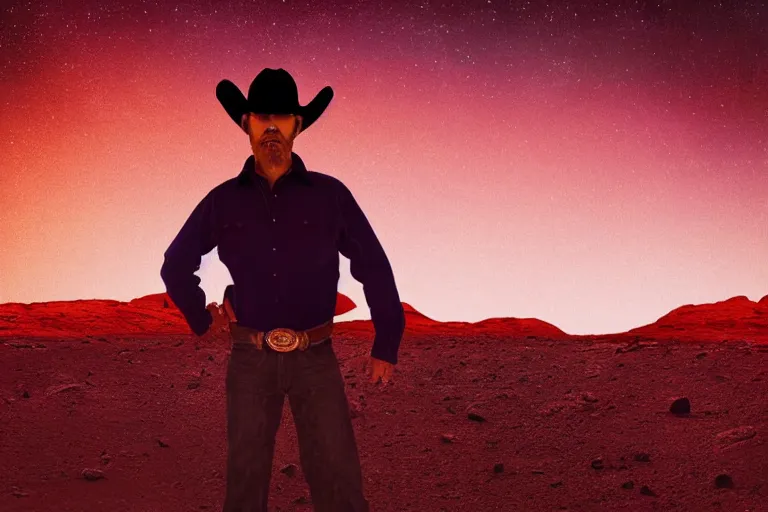 Image similar to old western cowboy with hand on hip on posing to camera on mars, distant background, red lighting, digital art, acrylic, colorful, ominous, moonlight, bokeh, depth of field, synthwave, psychedelic, glitch, acrylic, flooko, detailed, cybernetic, sci-fi, glows,