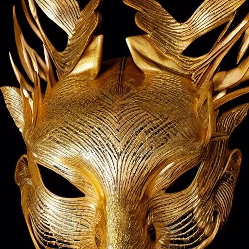 Image similar to a beautiful kitsune mask carved in wood with some gold leaf accents, made by iris van herpen