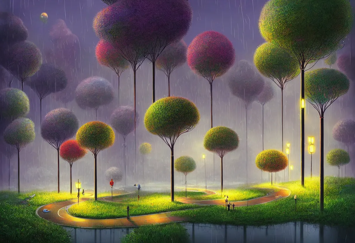 Image similar to beautiful city of the future, overgrown with trees and plants. raining at night with light pole illuminate the patch, nice colour scheme, warm colour. beautiful artistic digital artwork by artist lurid. ( 2 0 2 2 ), gediminas pranckevicius