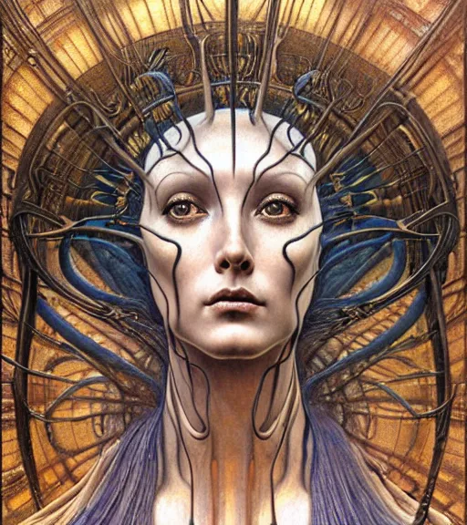 Image similar to detailed realistic beautiful young cher alien robot as queen of mars face portrait by jean delville, gustave dore and marco mazzoni, art nouveau, symbolist, visionary, gothic, pre - raphaelite. horizontal symmetry by zdzisław beksinski, iris van herpen, raymond swanland and alphonse mucha. highly detailed, hyper - real, beautiful