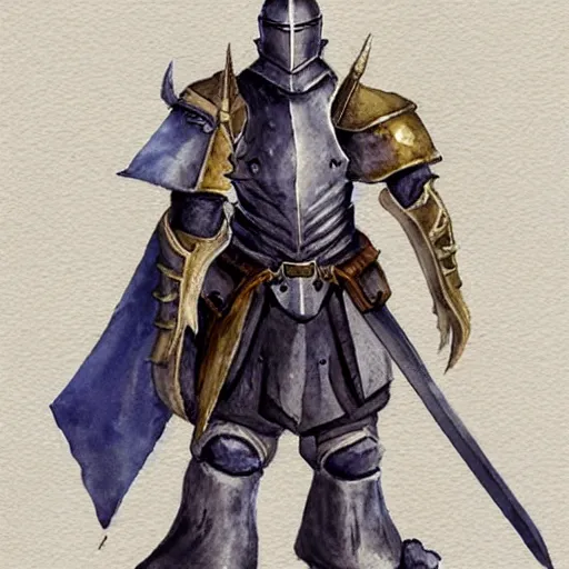 Prompt: watercolor, final fantasy tactics character design, knight in plate armor, knight wearing helmet, character portrait, heroic, many belts