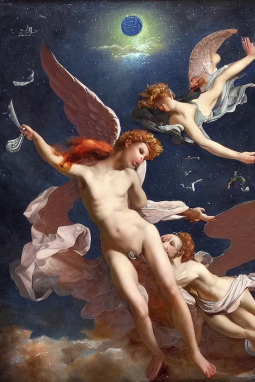 Prompt: angel falling to andromeda, very high resolution images, very fine details, very realistic, art by yulia iosilzon, simone graci, plus touch from raden saleh in the depth of color and emotion