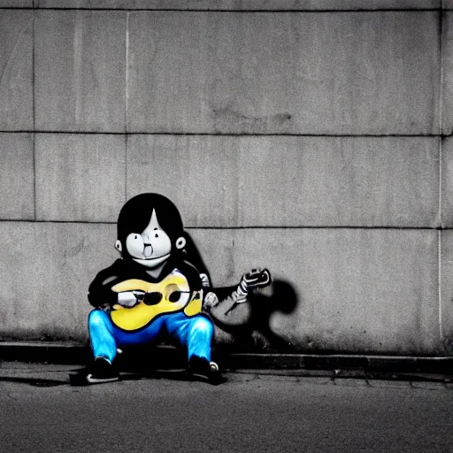 Prompt: Doraemon homeless and depressed, playing guitar on an empty city street during the day