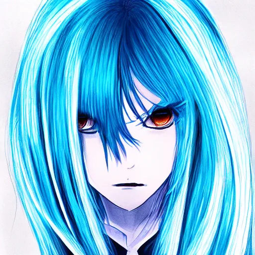 Image similar to drawing of rimuru tempest, sky blue straight hair, long bangs, with amber eyes, wearing a black jacket, high collar, ultra detailed, brush strokes, skin texture, digital painting, cinematic, wlop artstation, closeup, pixiv, eerie, scary, intimidating glare, evil, junji ito, yoshitaka amano