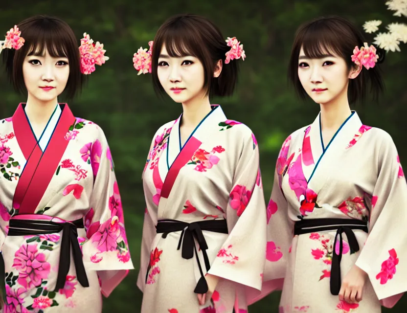 Image similar to two beautiful fashion taiwan girl wear elegant yukata in festival | | big eyes, summer night, realistic shaded, smile, good looking, fine details, 4 k realistic, cryengine, realistic shaded lighting poster by hisaji hari